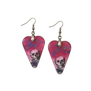 Handmade Pink Skull Guitar Pick Resin Earrings Goth Punk Halloween OOAK